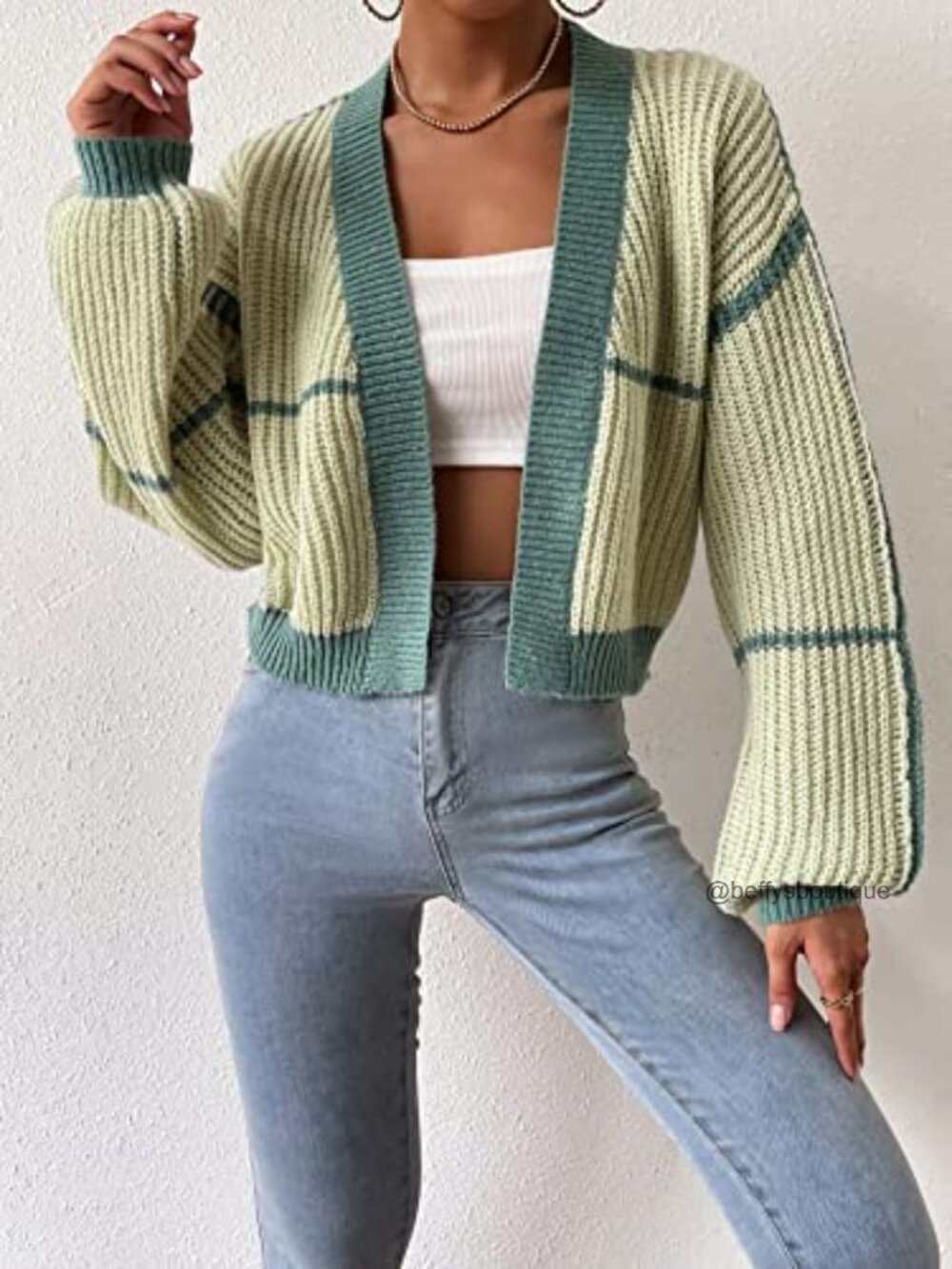 Color Block Crop Cardigan Bishop Long Sleeve Open Front Striped Sweater - Picture 4 of 7